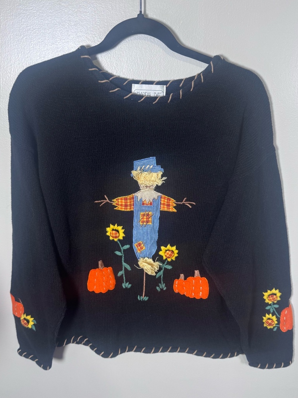 Vintage Mandal Bay Pumpkin Sunflower Fall Halloween 90s Embroidered Sweater Sz M - Picture 2 of 10